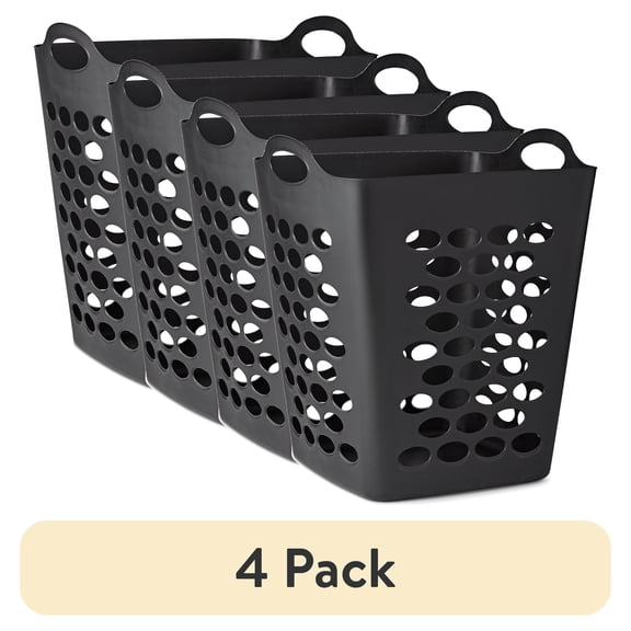 (4 pack) Mainstays Flexible Square Laundry Hamper, Black Plastic
