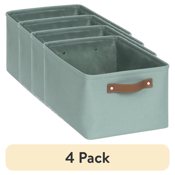 (4 pack) Mainstays Green Sage Canvas Fabric Decorative Storage Basket with Handles, 15 in x 8 in x 11 in