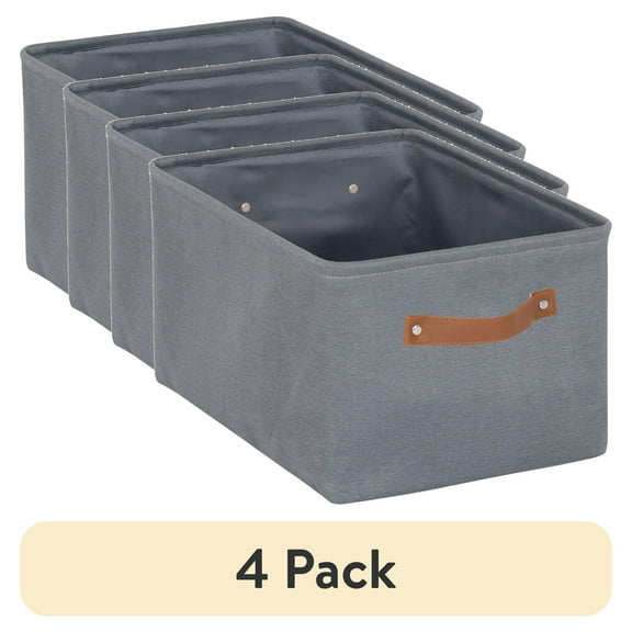 (4 pack) Mainstays Gray Canvas Fabric Decorative Storage Basket with Handles, 15 in x 8 in x 11 in