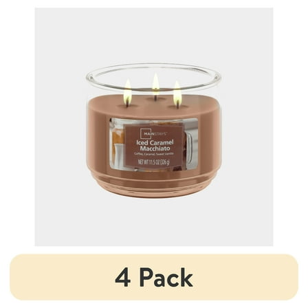(4 pack) Mainstays 3-Wick Scented Glass Jar Candle, Iced Caramel Macchiato, 11.5oz.