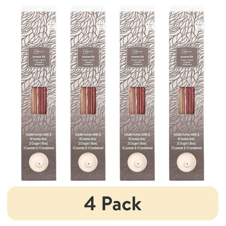 (4 pack) Mainstays Incense Kit, Dragon's Blood, Lavender, Sandalwood Fragrances (Light Brown), 40 Pack with Holder