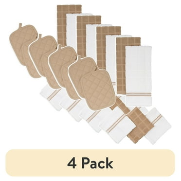 (4 pack) Mainstays Kitchen Towel, Dishcloth, Oven Mitt, and Pot Holder 8 Pack Set, Brown, 100% Cotton