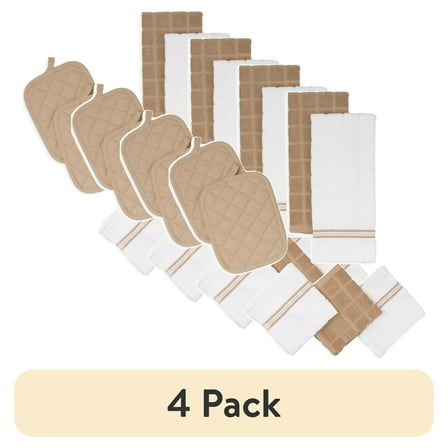 (4 pack) Mainstays 8-Piece Cotton Kitchen Towel, Dishcloth, Oven Mitt, and Pot Holder Set, Brown