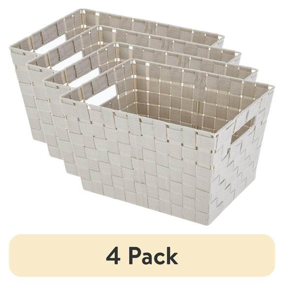 (4 pack) Mainstays Large Beige Woven Fabric Decorative Storage Basket, 16 in x 9.6 in x 13.4 in