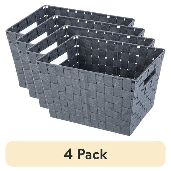 (4 pack) Mainstays Large Gray Woven Fabric Decorative Storage Basket, 16 in x 9.6 in x 13.4 in