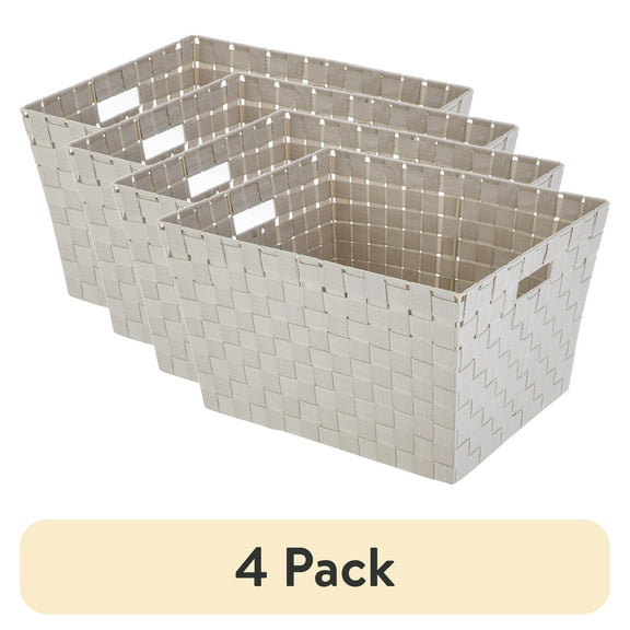 (4 pack) Mainstays Medium Beige Woven Fabric Decorative Storage Basket, 13 in x 8 in x 10 in
