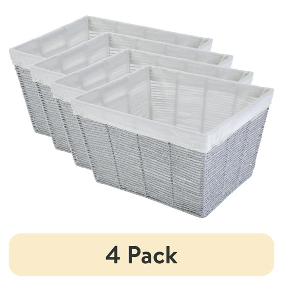 (4 pack) Mainstays Medium Gray Twisted Paper Rope Decorative Storage Basket with Removable Liner, 13 in x 7.8 in x 9.8 in