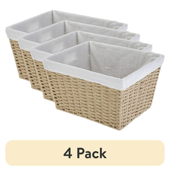 (4 pack) Mainstays Medium Tan Woven Paper Rope Decorative Storage Basket with Removable Liner, 13 in x 7.8 in x 9.8 in