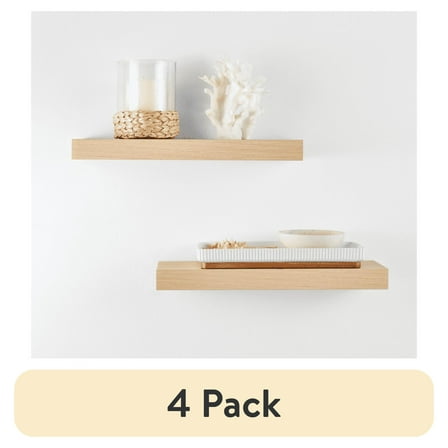 (4 pack) Mainstays Natural 16.5" Wood Floating Shelves, Set of 2