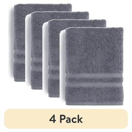 (4 pack) Mainstays Performance Cotton Bath Towel, Super Soft Quick Dry Fade Resistant, Solid Grey