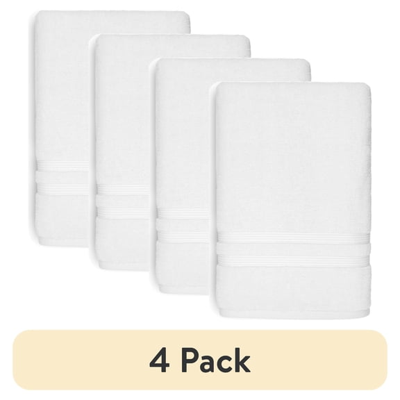 (4 pack) Mainstays Performance Cotton Bath Towel, Super Soft Quick Dry Fade Resistant, Solid White