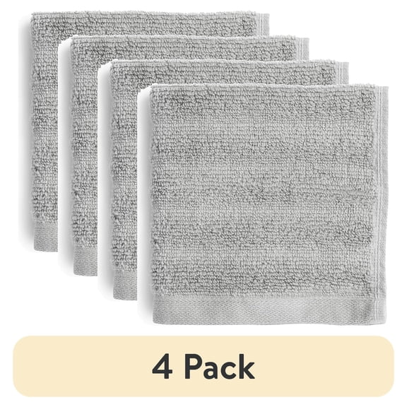 (4 pack) Mainstays Performance Cotton Washcloth, Super Soft Quick Dry Fade Resistant, Textured Silver