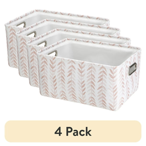 (4 pack) Mainstays Pink Blush Leaf Canvas Fabric Decorative Storage Basket with Handles, 15 in x 8 in x 11 in