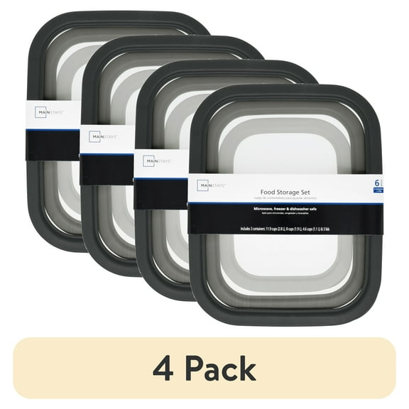 (4 pack) Mainstays Plastic Durable Food Storage Container Set, Gray, 6 Pieces