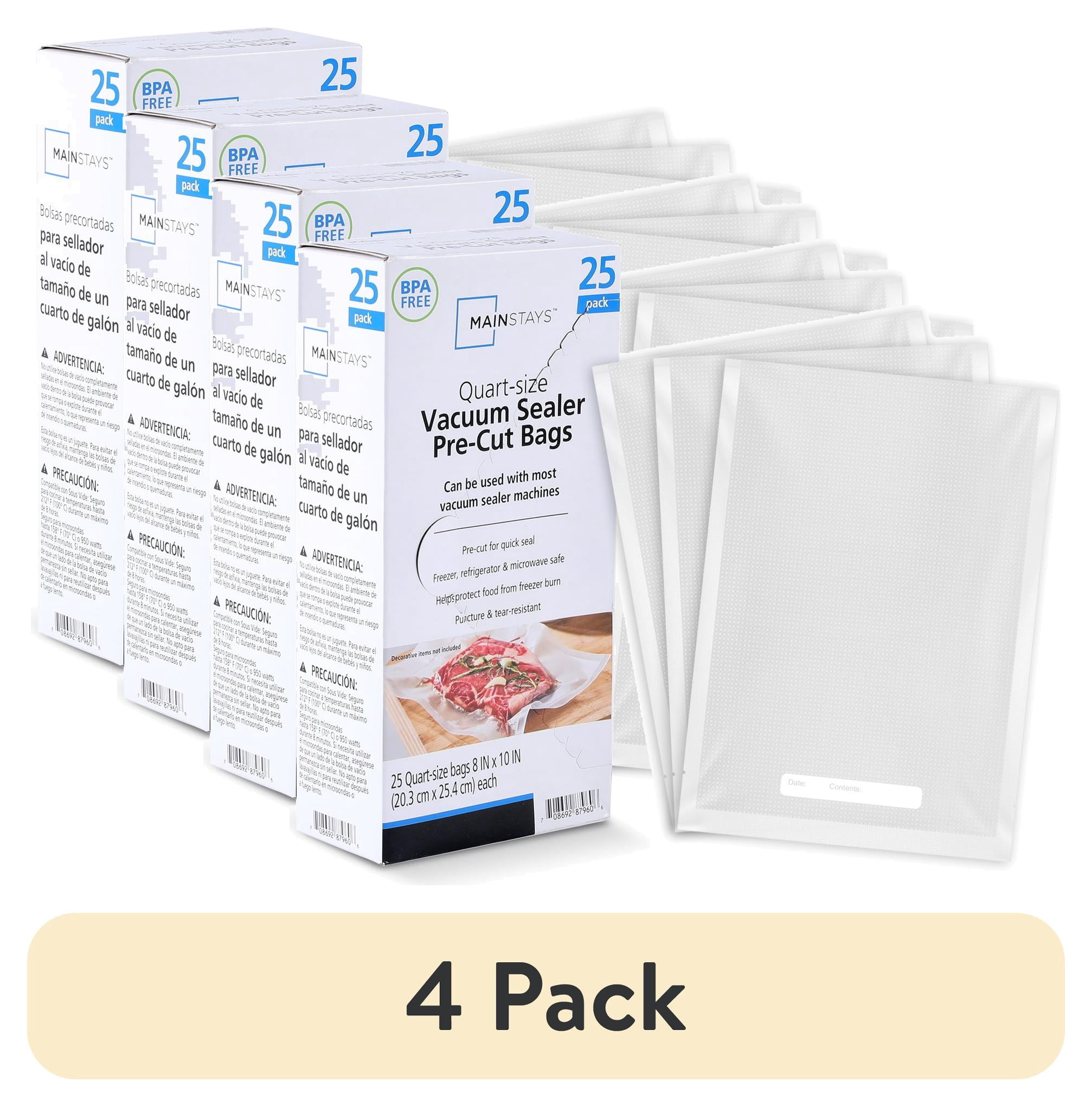 (4 pack) Mainstays Quart Vacuum Sealer Bags (8" x 12"), 25-Count BPA-Free Vacuum Seal Bags for Food Storage and Sous Vide, Works With All Brands Food Vacuum Sealer Machines