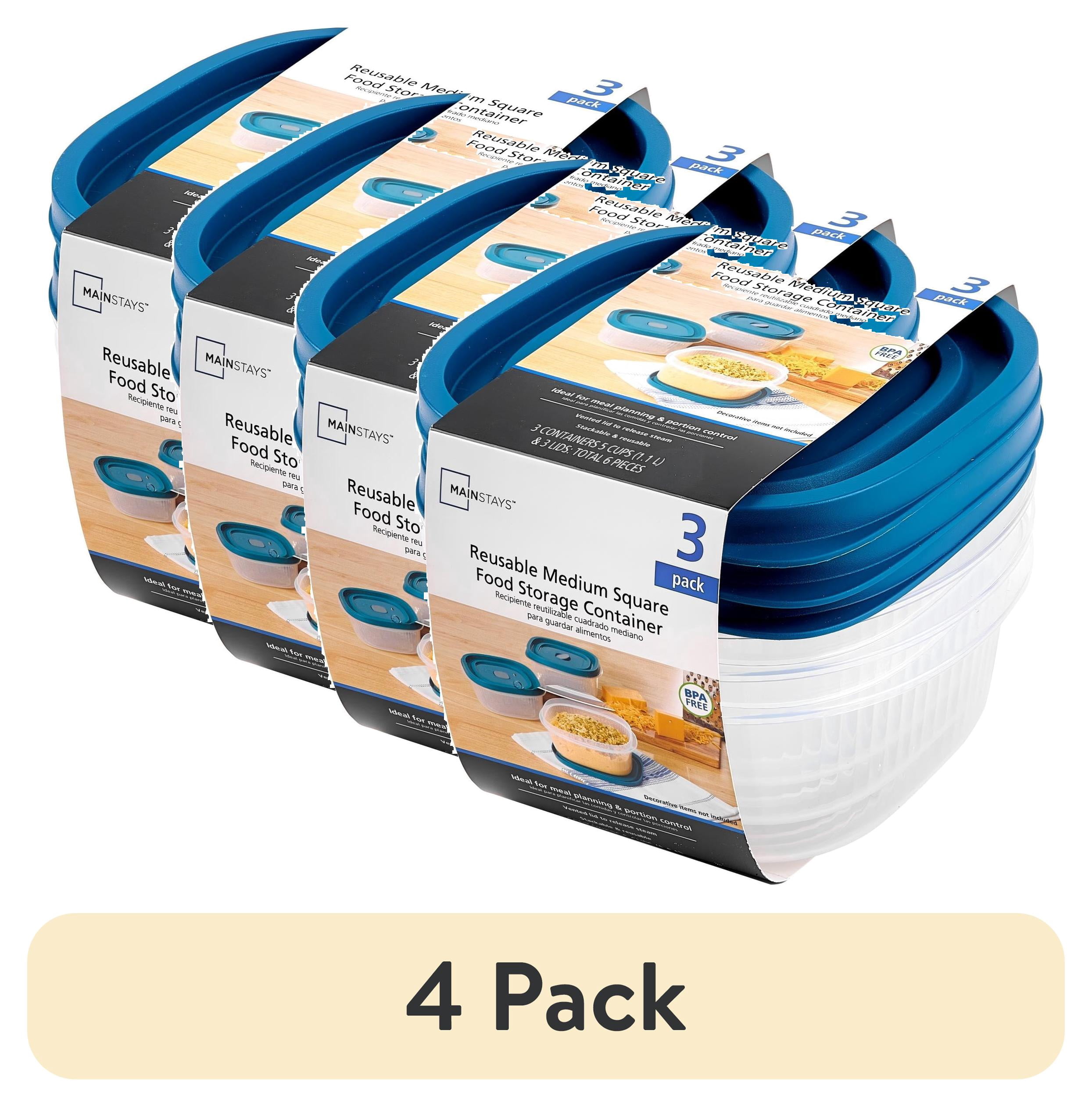 (4 pack) Mainstays Reusable Food Storage Container, Medium Square, Plastic, 3-Pack, 3 Containers with Lids, 5-Cup, Ideal for Meal Planning and Portion Control