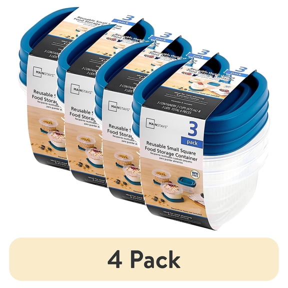 (4 pack) Mainstays Reusable Food Storage Container, Small Square, Plastic, 3-Pack, 3 Containers with Lids, 2 Cups, Ideal for Snacks and Fresh Ingredients