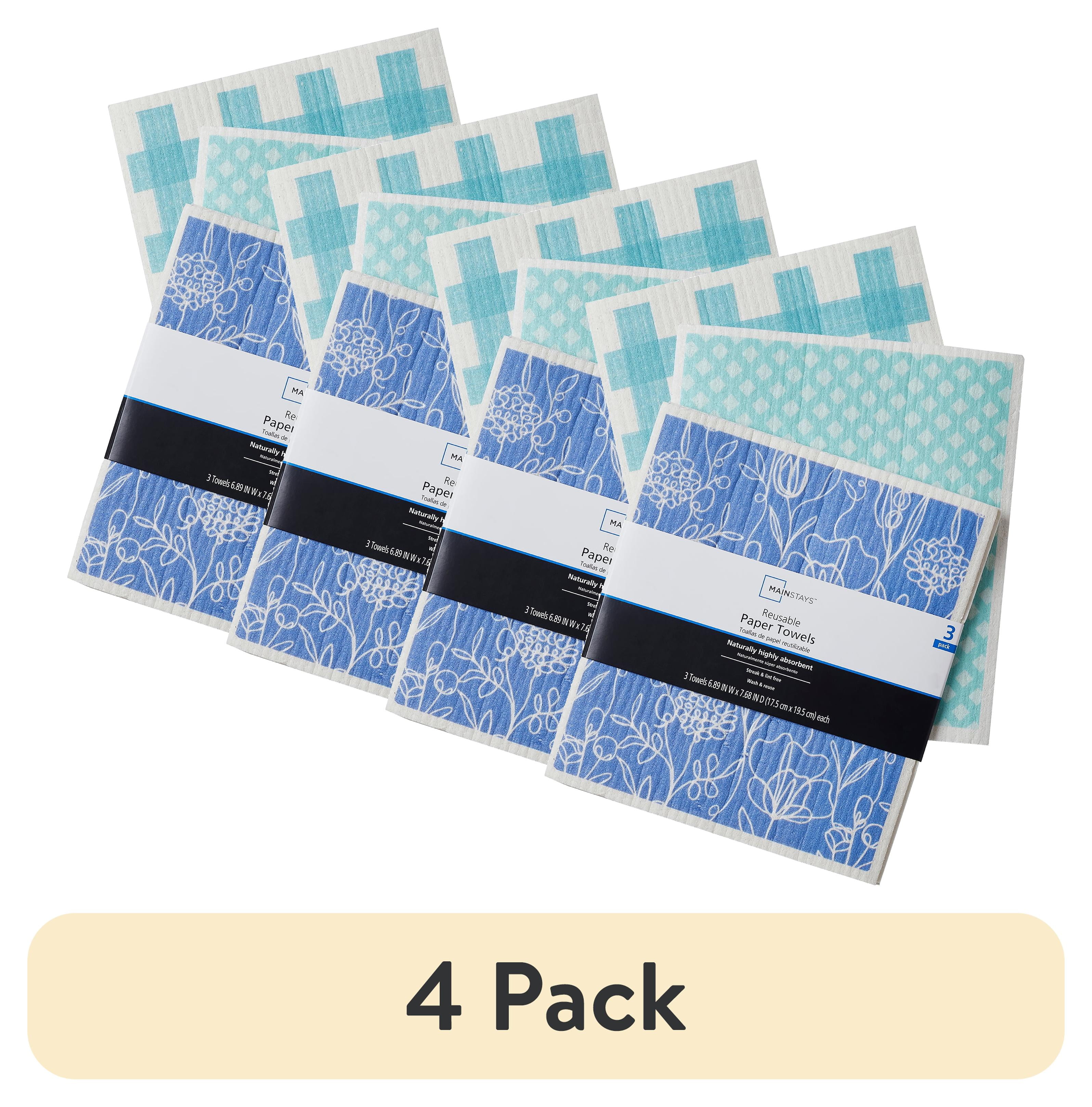 (4 pack) Mainstays Reusable Kitchen Dish Cloth Towels 3 Pack, Blue Multi