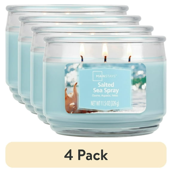 (4 pack) Mainstays 3-Wick Scented Glass Jar Candle, Salted Sea Spray, 11.5oz.