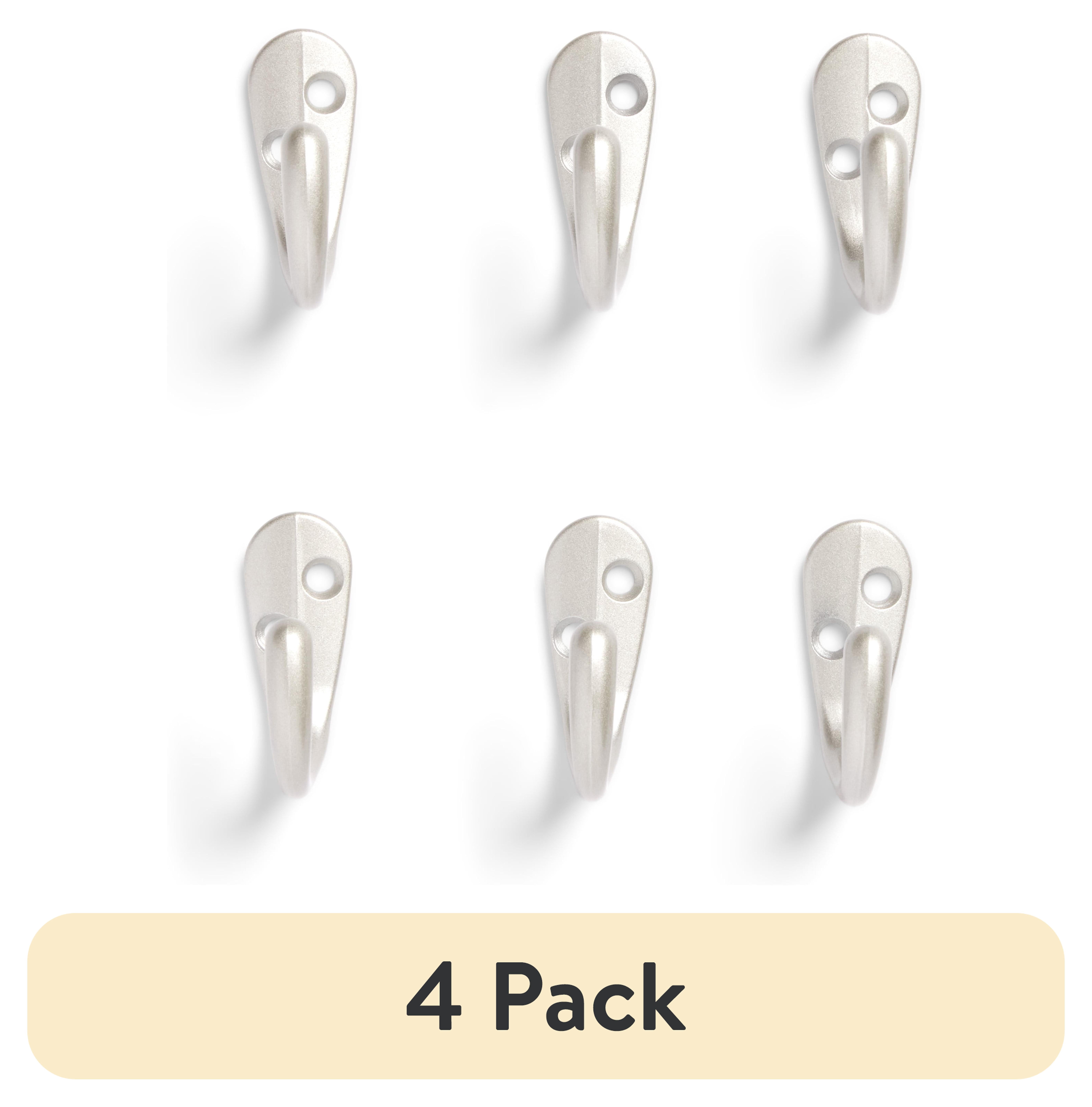 (4 pack) Mainstays, Satin Nickel Metal Hooks, Clutter-Free Hooks for Hanging Towels and Coats, 10 lbs Capacity, 6 Pack