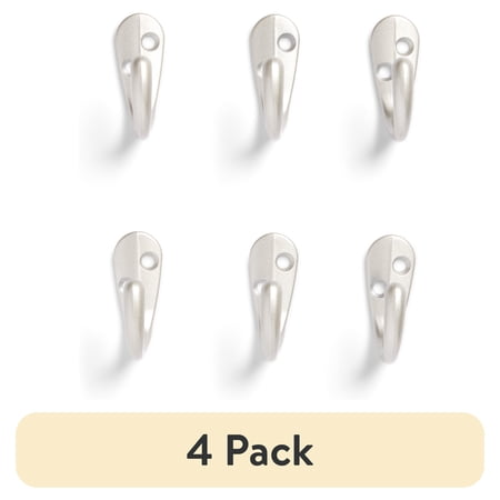 (4 pack) Mainstays, Satin Nickel Metal Hooks, Clutter-Free Hooks for Hanging Towels and Coats, 10 lbs Capacity, 6 Pack