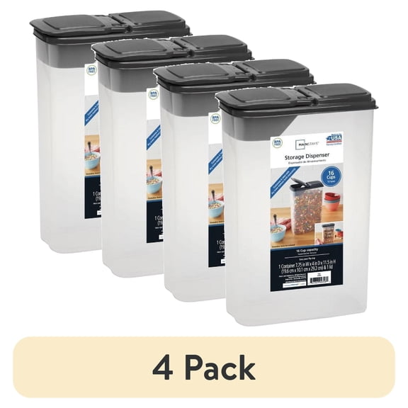 (4 pack) Mainstays Plastic Small Cereal Dispenser, Clear, Gray Lid, 16-Cups, Single, 7.25" x 4" x 11.25", Made for Pantry Organization and Food Storage