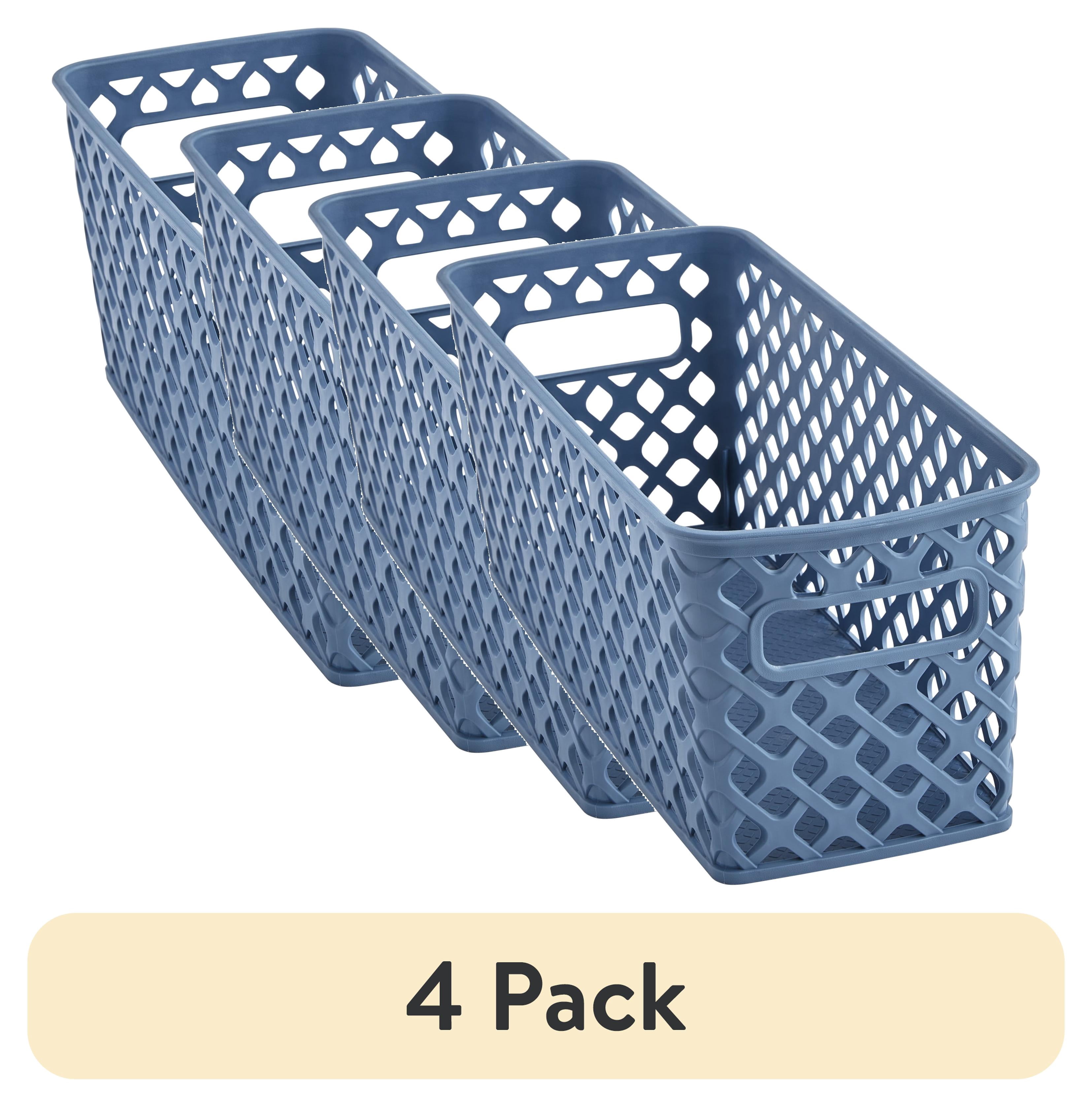(4 pack) Mainstays Narrow Blue Decorative Plastic Storage Basket, 13.6 in x 5.5 in x 5.1 in