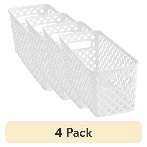 (4 pack) Mainstays Narrow White Decorative Plastic Storage Basket, 13.6 in x 5.5 in x 5.1 in