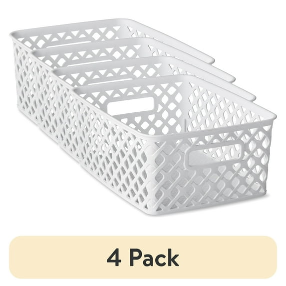 (4 pack) Mainstays Small White Decorative Plastic Storage Basket, 10 in x 8 in x 4 in