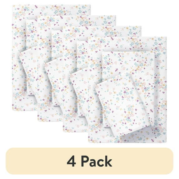 (4 pack) Mainstays Super Soft Brushed Microfiber Bed Sheet Set, Twin-XL, White Floral, 3 Piece