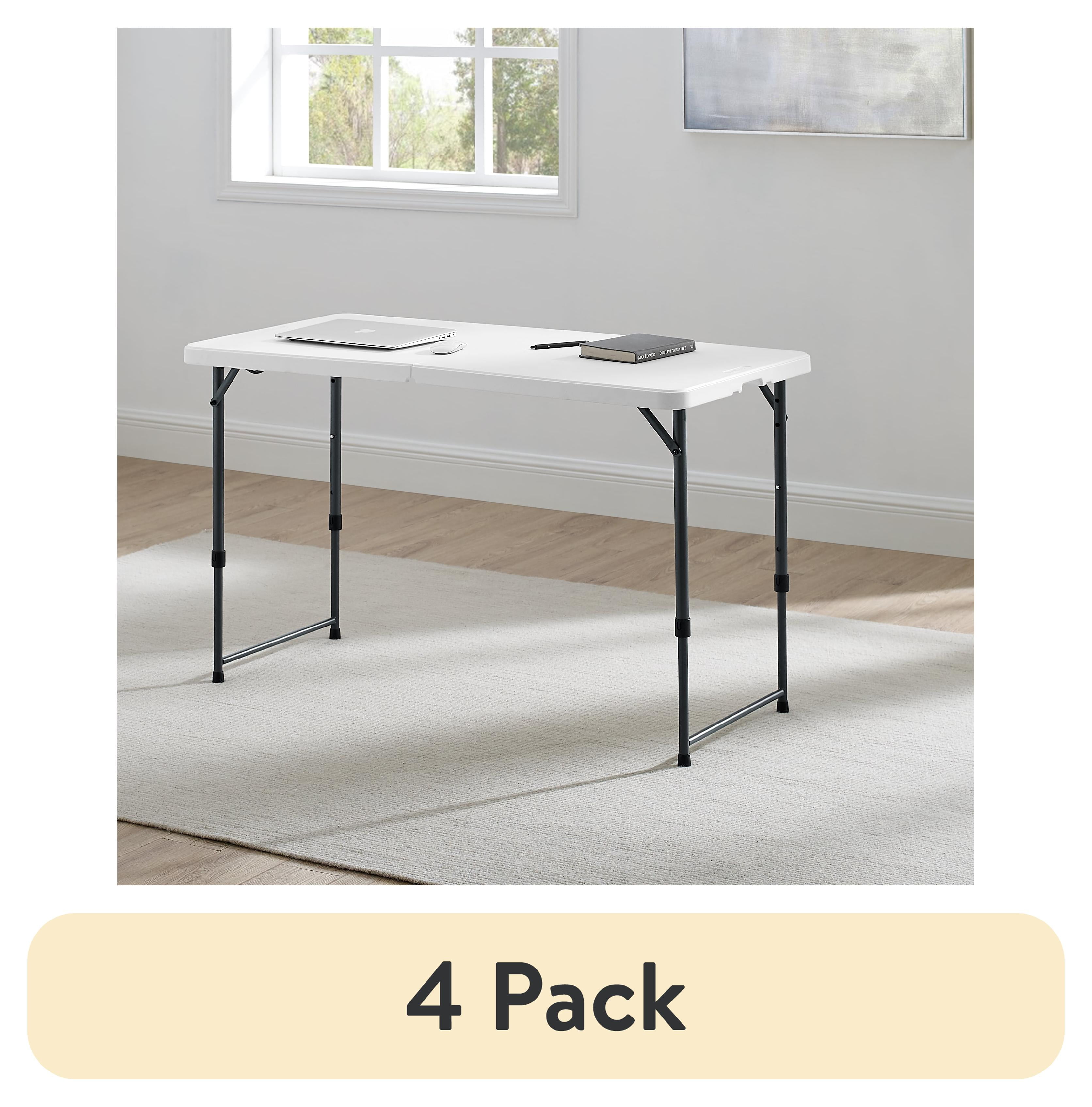 (4 pack) Mainstays White 4-Foot Adjustable Height Folding Plastic Table, Easy Fold, Indoor Outdoor, 5-Year Warranty, Resistant to Scratch, Stain & UV Damage, Built in Carry...
