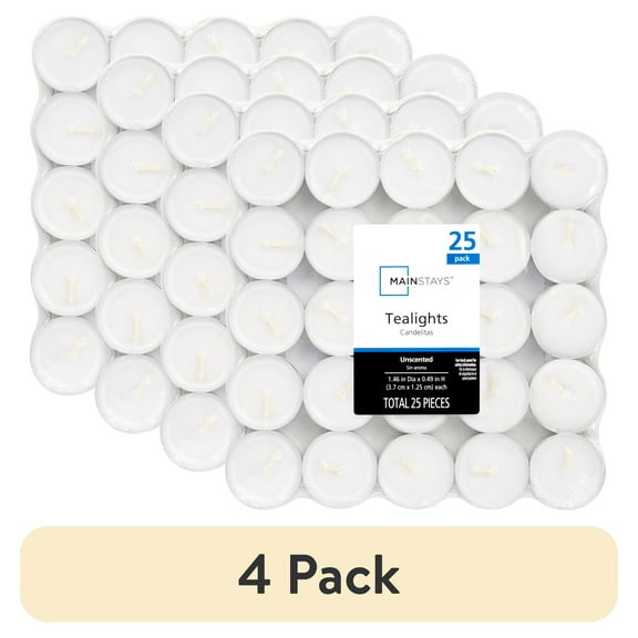 (4 pack) Mainstays White Unscented Indoor/Outdoor Tealight Candles, 25 Count