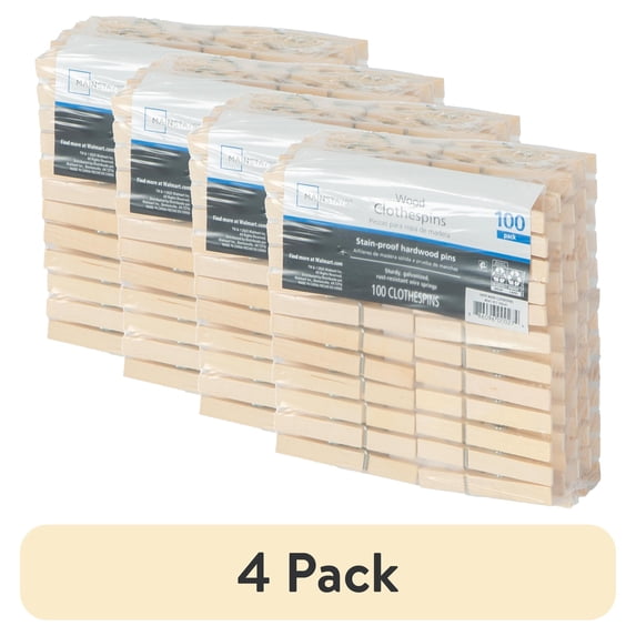 (4 pack) Mainstays Wooden Clothespins, Natural, Moisture Resistant, 100 Pack