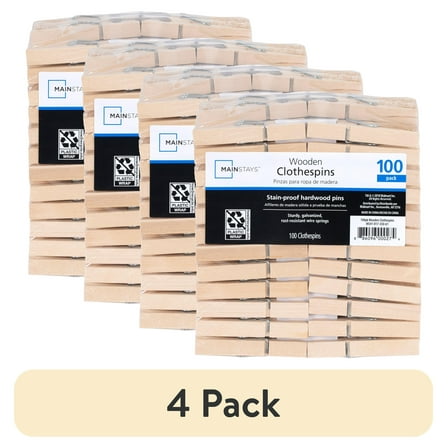 (4 pack) Mainstays Wooden Moisture Resistant Dry Laundry Clothespins, 100 Count, Natural Color Clothes Pins