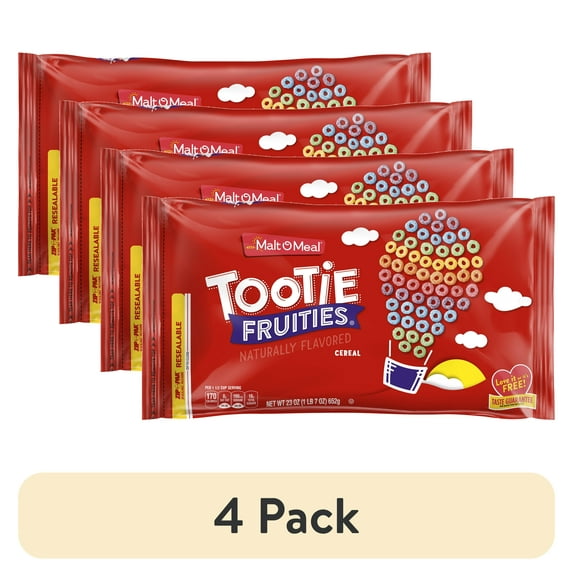 (4 pack) Malt-O-Meal, Tootie Fruities Flavored, Breakfast Cereal, Family Size 23 oz Plastic Bag