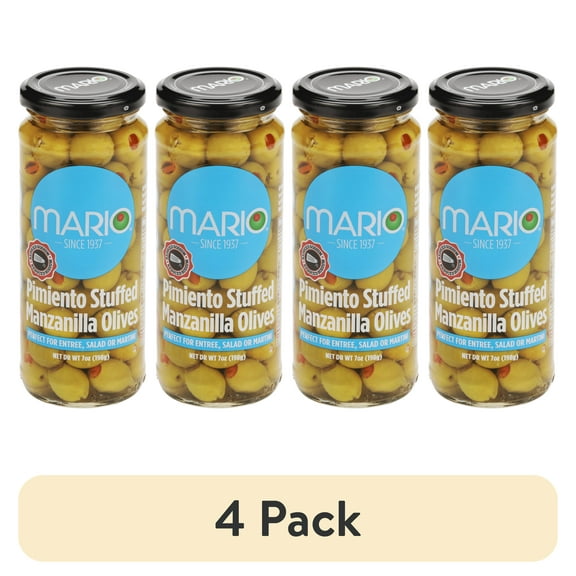 (4 pack) Mario Reduced Sodium Manzanilla Olives stuffed with Minced Pimiento 7oz