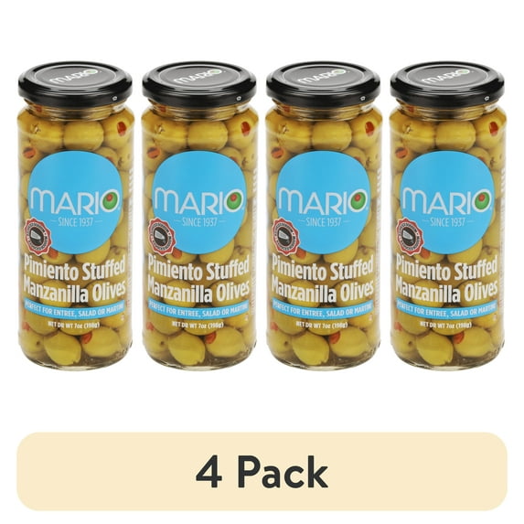 (4 pack) Mario Reduced Sodium Manzanilla Olives stuffed with Minced Pimiento 7oz