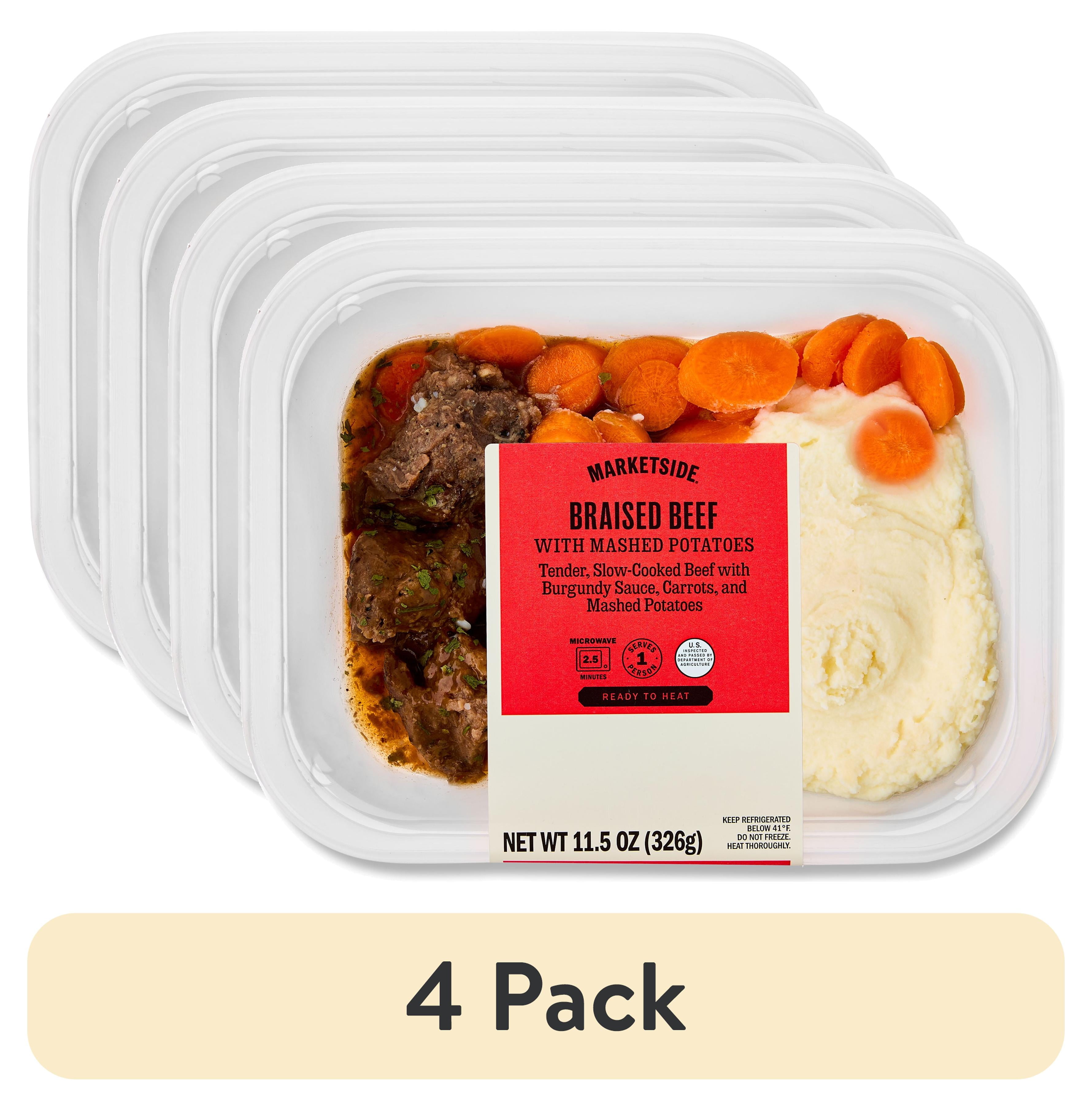 (4 pack) Marketside Braised Beef with Mashed Potatoes, Microwave Ready Prepared Meal, Single Serve, 11.5oz (Fresh)