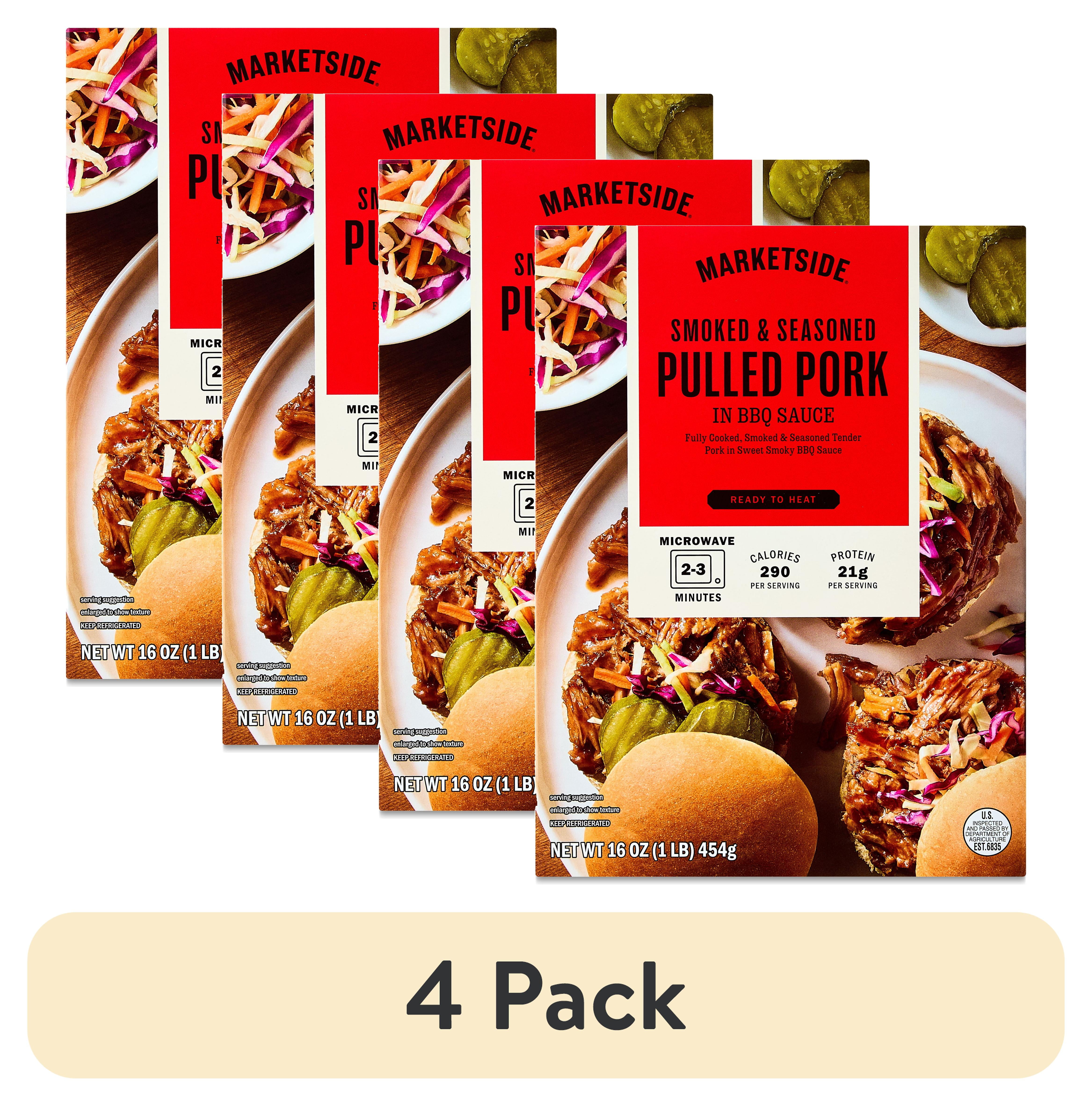 (4 pack) Marketside Ready to Heat Smoked & Seasoned Pulled Pork in BBQ Sauce Packaged Meal, 16 oz