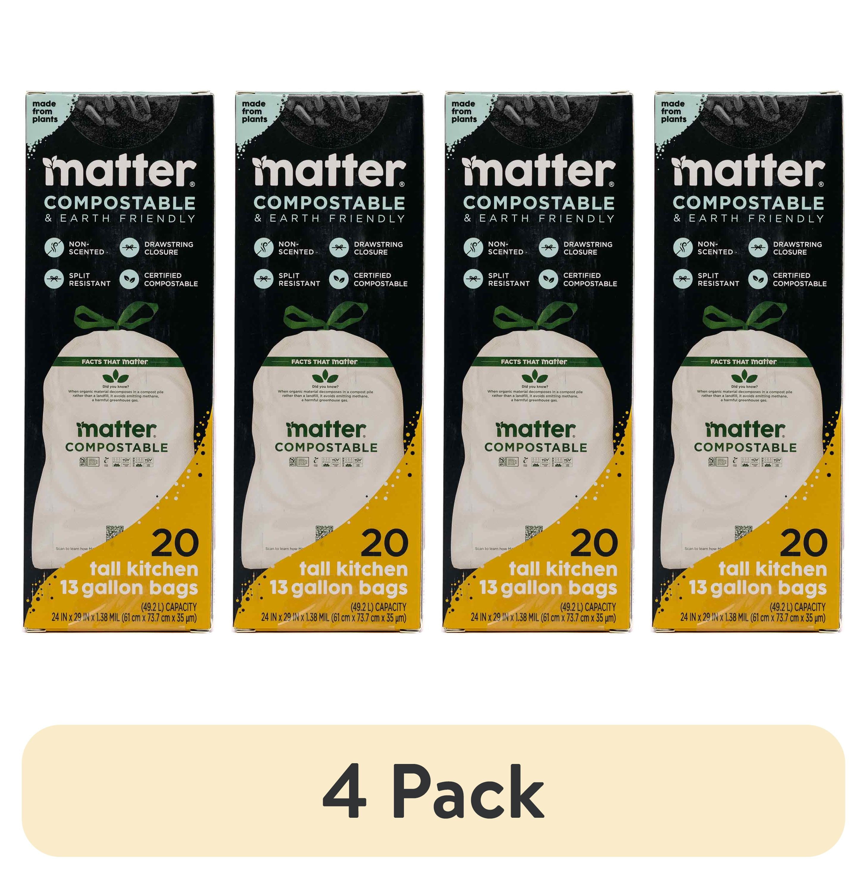 (4 pack) Matter Compostable 13-Gallon Tall Kitchen Trash Bags with Drawstring, 20 Count