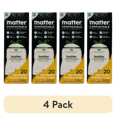 (4 pack) Matter Compostable 13-Gallon Tall Kitchen Trash Bags with Drawstring, 20 Count