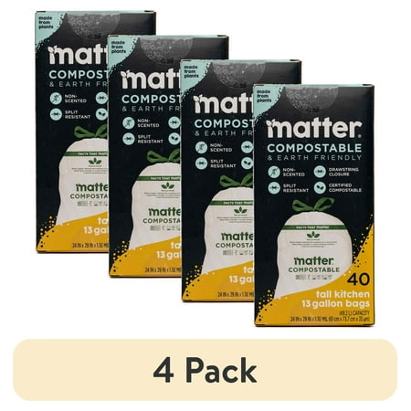 (4 pack) Matter Compostable 13-Gallon Tall Kitchen Trash Bags with Drawstring, 40 Count