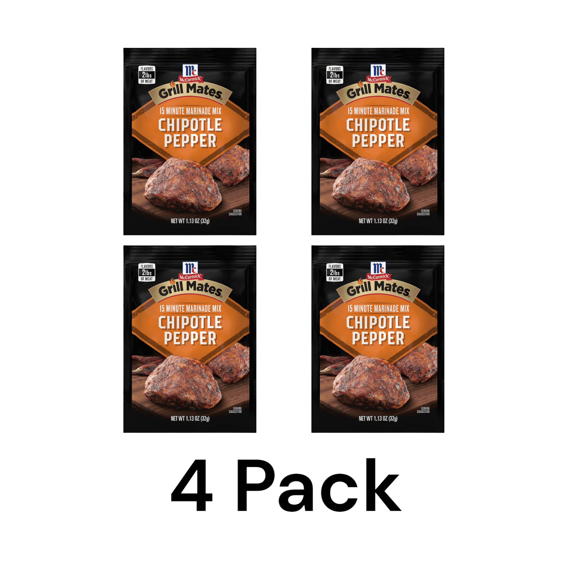 (4 pack) McCormick Grill Mates Gluten Free Chipotle Pepper Marinade Seasoning Mix, 1.13 oz Envelope