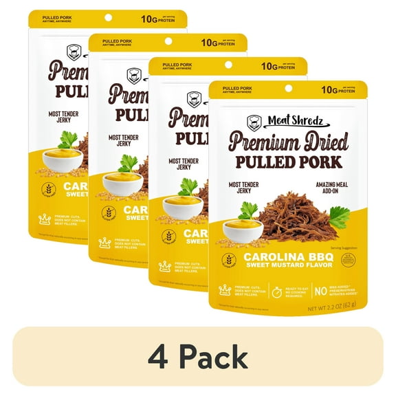 (4 pack) Meat Shredz - Mustard Carolina BBQ Pulled Pork Jerky, High-Protein Shredded Snack 2.2 oz Resealable