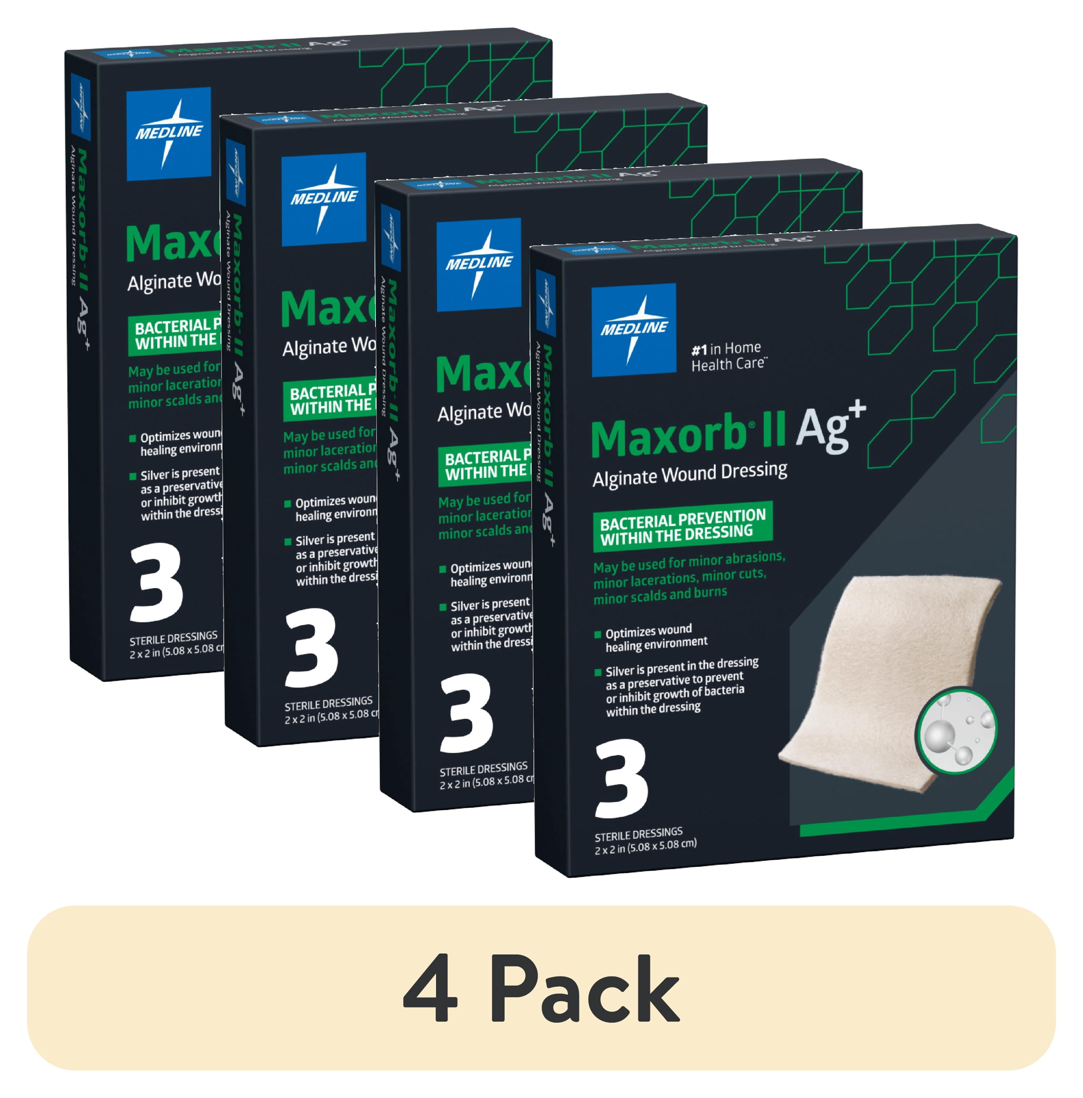 (4 pack) Medline Maxorb II Antibacterial Silver Alginate Wound Dressing, 2 in x 2 in, 3 Count