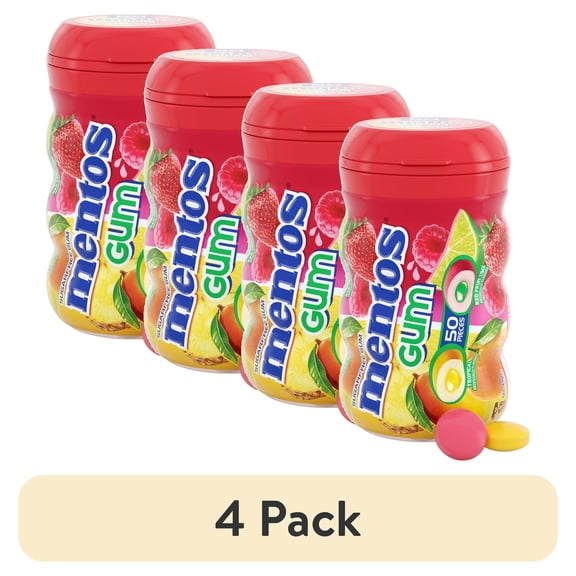 (4 pack) Mentos Gum Sugar-Free Tropical Red Fruit Lime Chewing Gum, 50 Regular Size Pieces, Bottle