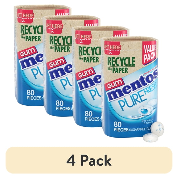 (4 pack) Mentos Pure Fresh Sugar-Free Gum, Paperboard Bottle, Fresh Mint, Peanut-Free, Regular Size, 80 Count