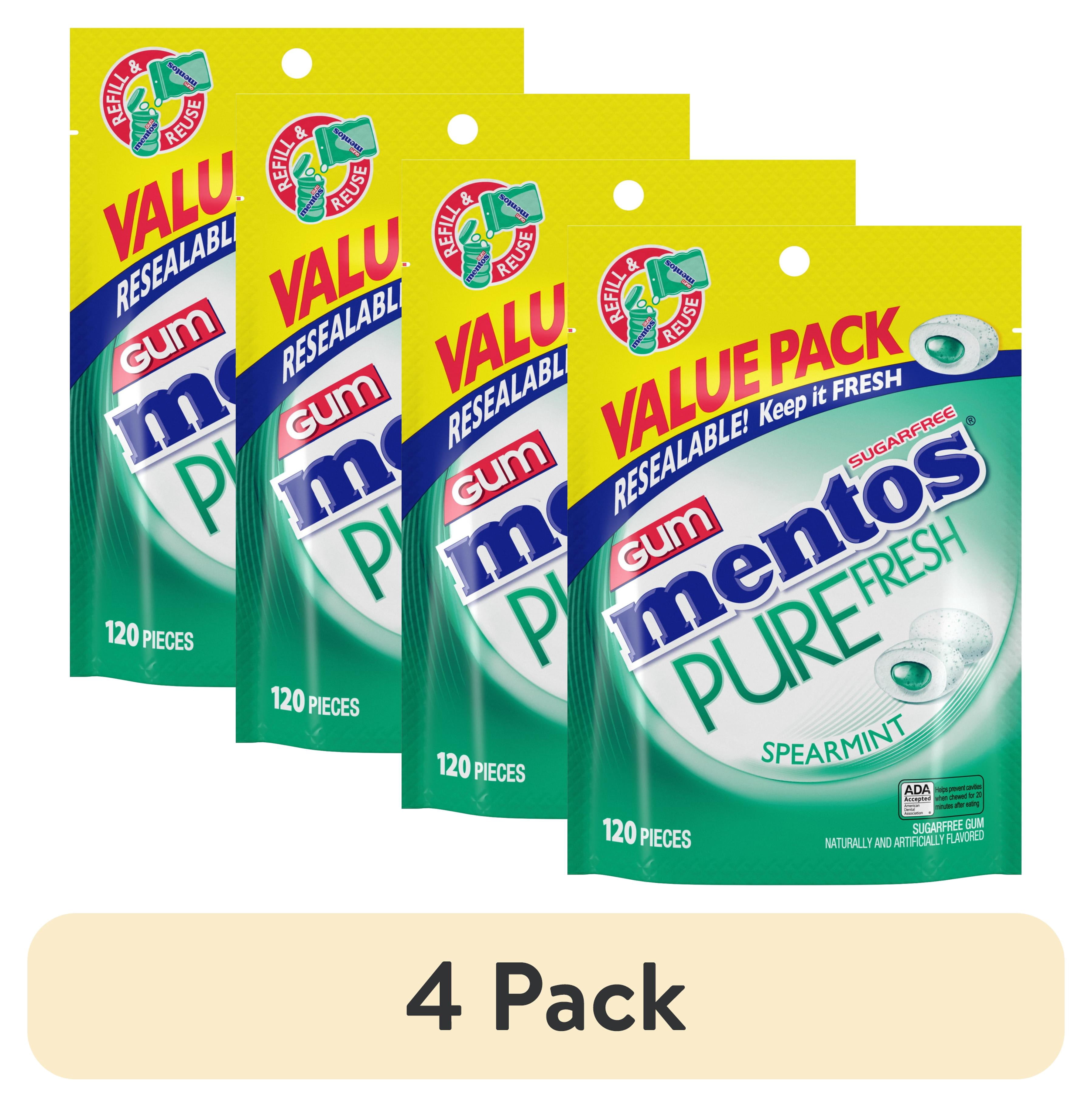(4 pack) Mentos Pure Fresh Spearmint Sugarfree Gum Extra Value Pack, Regular Size, 120 Count