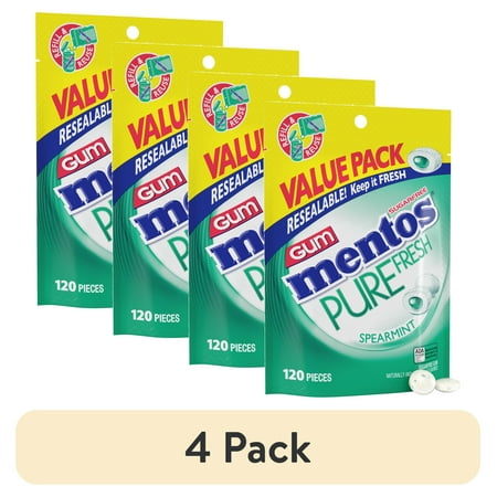 (4 pack) Mentos Pure Fresh Sugar-Free Spearmint Xylitol Chewing Gum, 120 Count Resealable Bag