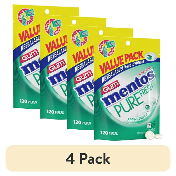 (4 pack) Mentos Pure Fresh Sugar-Free Spearmint Xylitol Chewing Gum, 120 Count Resealable Bag